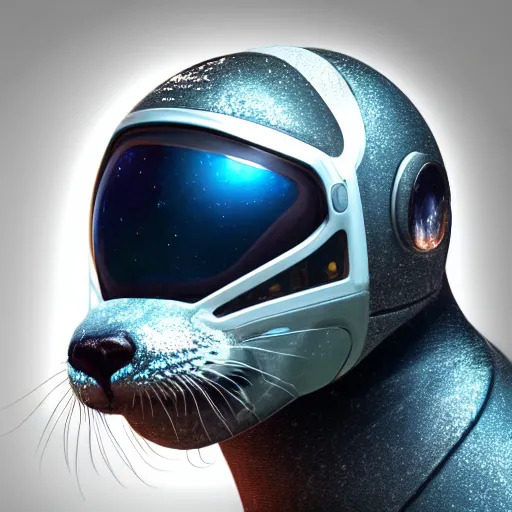 Prompt: a realistic portrait of an otter wearing a full space suit and reflective visor set against a space and nebula background, trending on artstation, ultra detail, photorealistic, fine detail, cgi, zbrush, global illumination, studio lighting