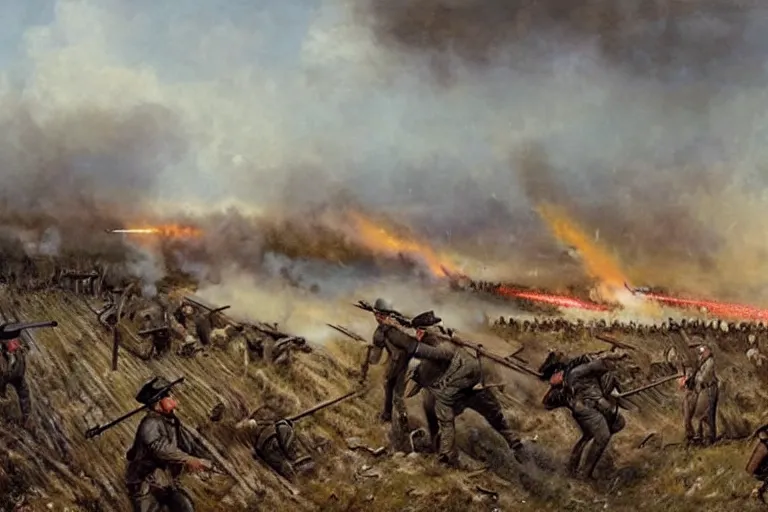 Image similar to american civil war trench battle, shots fired, explosions all around, wide shot, cinematic, realistic painting in the style of jules breton