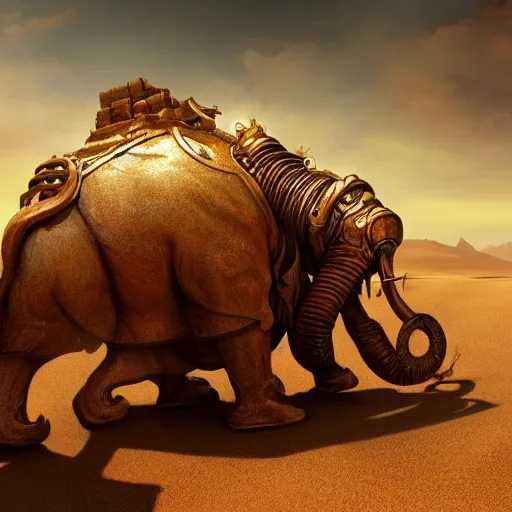 Image similar to golden mammoth in the dessert, artstation, midjourney, dall - e 2, cgsociety, cgi, digital, illustration, arts, realistic, awards winning, dramatic, cinematic, artistic, famous, detailed