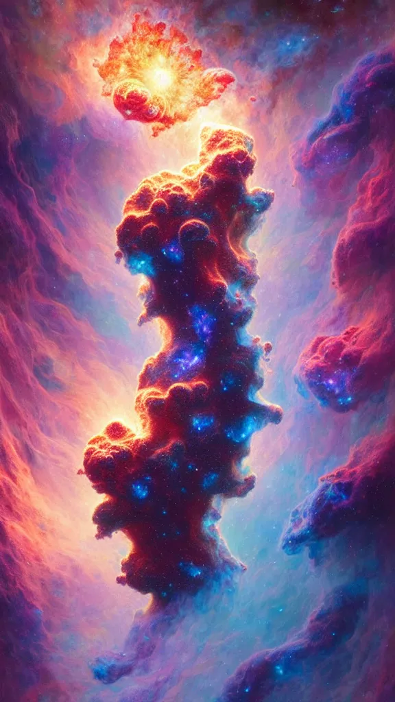 Image similar to psychedelic transcendent puffs! of smoke explosion, space, supernova, nebulae, pillars of creation, enlightenment, high contrast lighting, highly detailed, concept art, art by collier, albert aublet, krenz cushart, artem demura, alphonse mucha