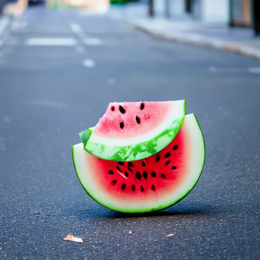 Image similar to watermelon with large eyes and legs walking across the street, front view, dslr photo 70mm