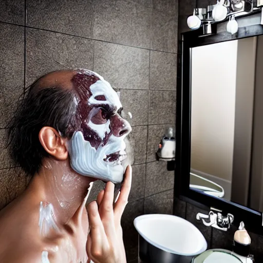 Prompt: vecna doing his daily skincare routine in a fancy bathroom, realistic photo, 4 k, uhd, mirror