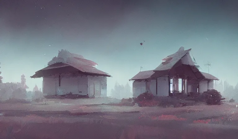 Prompt: A serene landscape with a singular building in the style of ismail inceoglu.