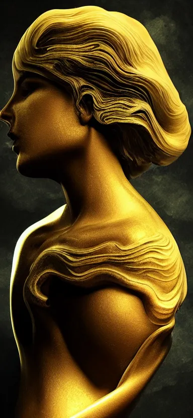 Image similar to epicillustration, abstract sculpture of beautiful female face and black swirling liquifying acrylic portrait, fluffy clouds, glowing edges, golden hour, beautiful light, 3 d sculpture of carving marble, dark colors, dark mood, one point light, golden spirals, epic matte painting, concept art, digital painting