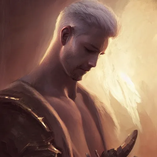 Prompt: dramatic masterpiece Greg Rutkowski male Aasimar paladin with platinum blonde hair praying amidst sorrow, realistic, cinematic lighting, WLOP, dungeons and dragons