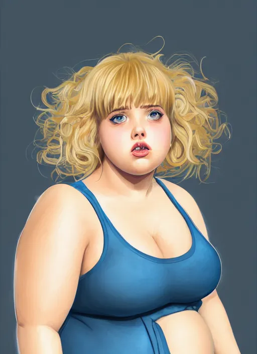 Image similar to full body portrait, teenage betty cooper, blonde hair, obese, bangs, ponytail, sultry, realistic, sultry smirk, fluffy bangs, curly bangs, fat, belly, beautiful girl, intricate, elegant, highly detailed, digital painting, artstation, concept art, smooth, sharp focus, illustration, art by wlop, mars ravelo and greg rutkowski