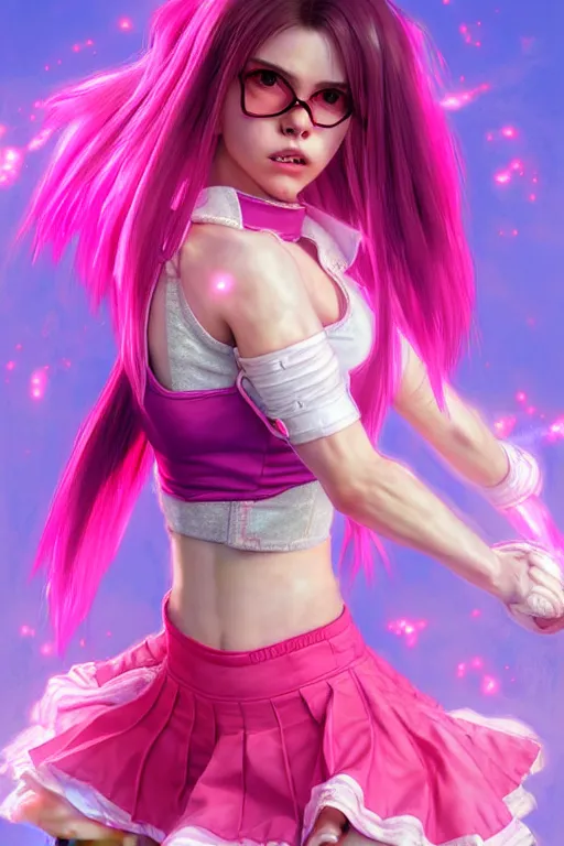 Image similar to Tekken 4 fighter anime Stunning Portrait Belle Delphine with Crop top and pink skirt, Pink Shades, in a fighting stance, digital painting, artstation, concept art, soft light, hdri, smooth, sharp focus, illustration, art by tian zi, craig mullins, Mark Arian, WLOP, alphonse mucha