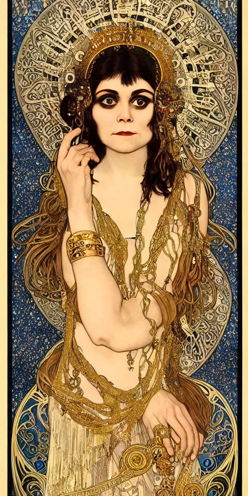 Image similar to realistic detailed dramatic Art Nouveau portrait of Theda Bara as Cleopatra wearing an elaborate jeweled gown by Alphonse Mucha and Gustav Klimt, gilded details, intricate spirals, coiled realistic serpents, Neo-Gothic, gothic, ornate medieval religious icon, long dark flowing hair