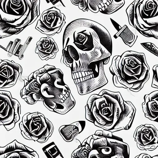 Image similar to old school, retro vintage doodle tattoo seamless pattern. rose, skull, knife. - h 6 4 - w 8 9 6