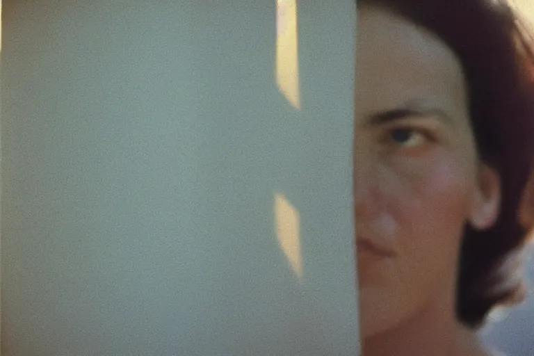 Prompt: close-up color film photography 1970s, Woman\'s portrait with the shadow of the blinds on her face, soft focus, golden hour, soft light, 35mm, film photo, Joel Meyerowitz