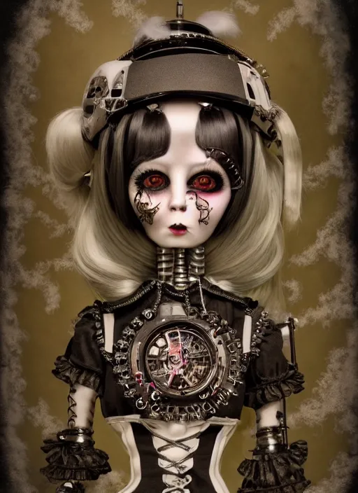 Image similar to highly detailed wide - angle portrait of a retro mechanical goth doll, nicoletta ceccoli, mark ryden, lostfish, earl nore, hyung tae, frank frazetta, global illumination, detailed and intricate environment