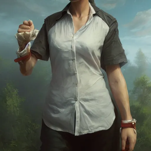 Image similar to a woman wearing a white blouse with short sleeves and hobo gloves, Matte painting , detailed painting, greg rutkowski