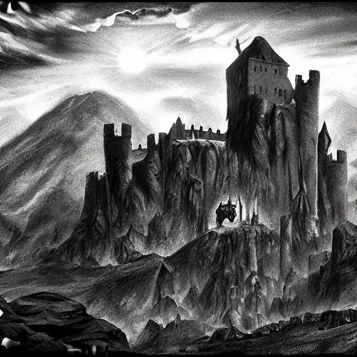 Image similar to castle of satan on a mountain in hell, dark atmospheric, trending on artstation