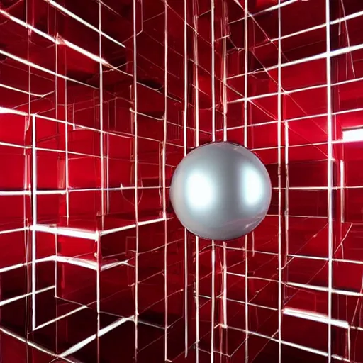 Prompt: chrome spheres on a red cube, kinetic photography