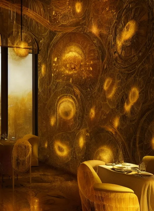 Prompt: interior design of a honey themed hotel interior design by philippe starck and victoria hagan, detailed digital photography by rutkovski and beksinski, masterpiece, gorgeous, 4 k