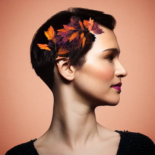 Prompt: portrait sideview woman face made of dry leaves, violet and orange light, foggy milk silk background, elder ring