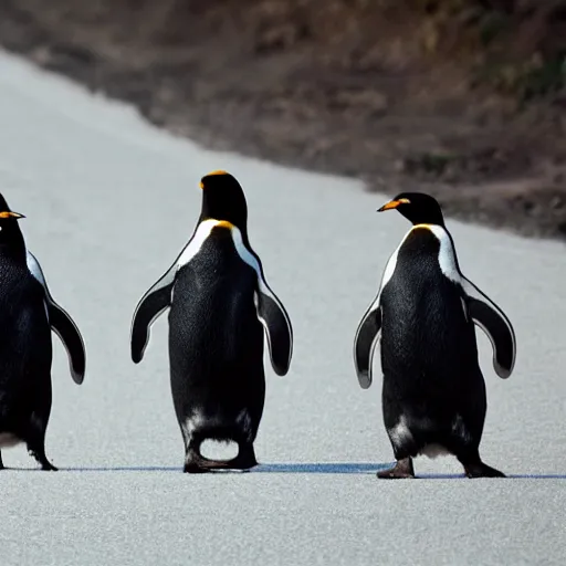 Prompt: penguins walking across the road