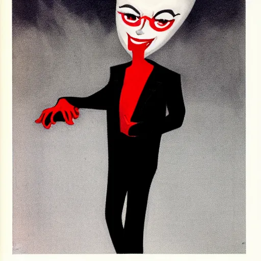 Image similar to A very red photgraphic portrait of the character, Desire, a tall, smiling androgyne with black hair and a grey pinstripe suit, studio lighting, medium shot, Life Magazine, 1978, Vertigo Comics, The Sandman written by Neil Gaiman, against a stormy sky