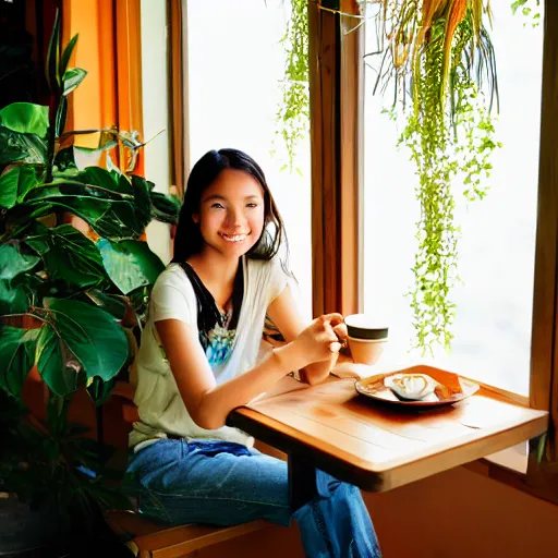 Prompt: a thin, pretty young Filipino girl sits near the window of a cute seaside Cafe with an espresso, golden morning light, cozy, tropical plants, Spirited Away