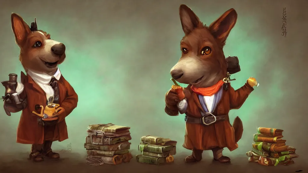 Image similar to An anthropomorphic corgi with a smoking pipe and a green scarf around his neck dressed as a wandering salesman in a fantasy setting. He has a miniature donkey loaded up with all of his wares, dreamscape, dramatic lighting, fantasy art illustration, trending on artstation, Aetherpunk