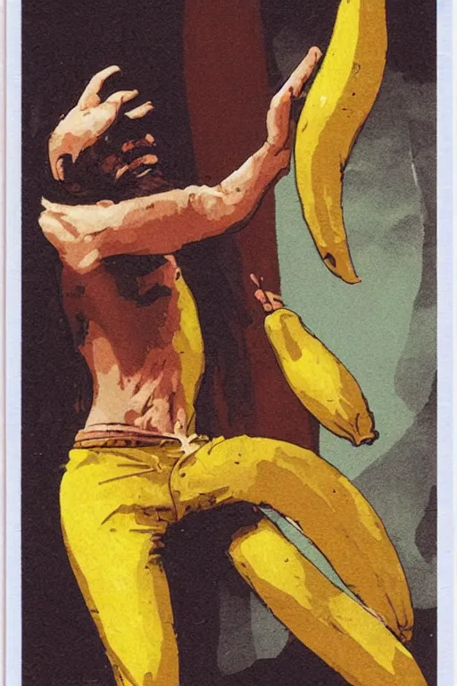 Image similar to magic the gathering card depicting charles manson slipping on a banana peel