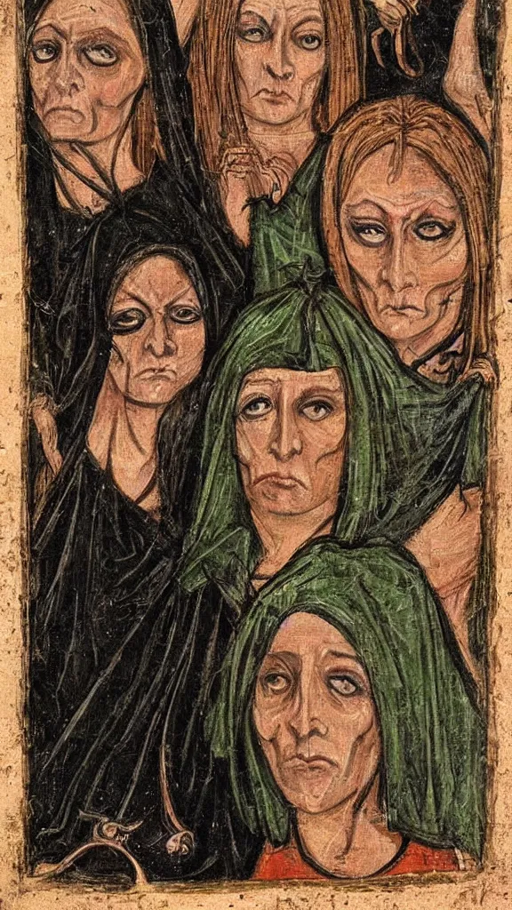 Image similar to witches with haunting eyes, medieval painting