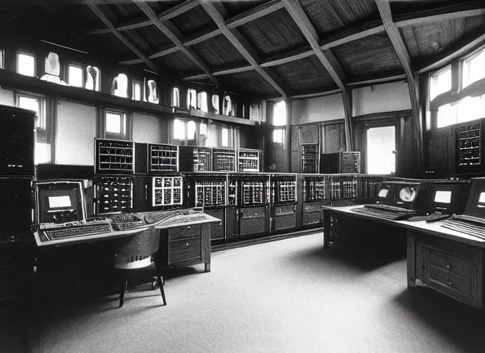 Image similar to realistic photo interior of the spacious wooden polished medieval expensive wooden room observatory scientific interior with dozens of computers and displays and molecules 1 9 9 0, life magazine reportage photo