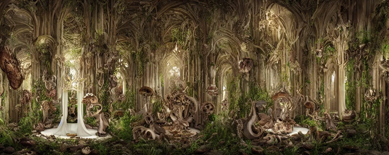 Image similar to hyperrealistic photo of the unseelie court gothic throne room mushrooms and flora