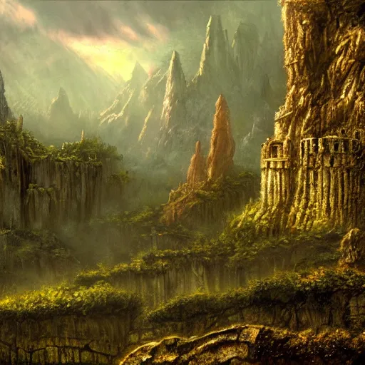 Prompt: fortress in the misty woods, crisp, clear, matte oil painting, darrell k sweet, wallpaper