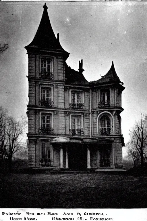 Prompt: Black and white camera obscura image of creepy mansion, 1910s paris, scary, horror, dark mood