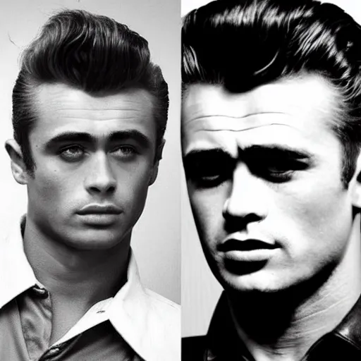 Prompt: genetic mixture of james dean and sean connery. rockabilly, rebel, beatnik, tough guy, pompadour, leather jacket.
