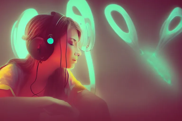 Image similar to a cute girl wearing headphones sitting on a cloud relaxing, misty, glows, digital art, hazy, foggy, red lighting, ambient lighting, 8 k, neon, synthwave, cyberpunk,