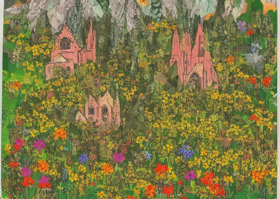 Prompt: small gothic monastery in the middle of a forest with flower meadow, colored paper collage