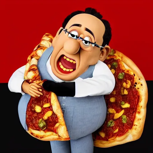 Image similar to digital art of portrait of danny devito as a muppet eating pizza, excited facial expression, head - and - shoulders shot, white background, cute pixar character, houdini 3 d render