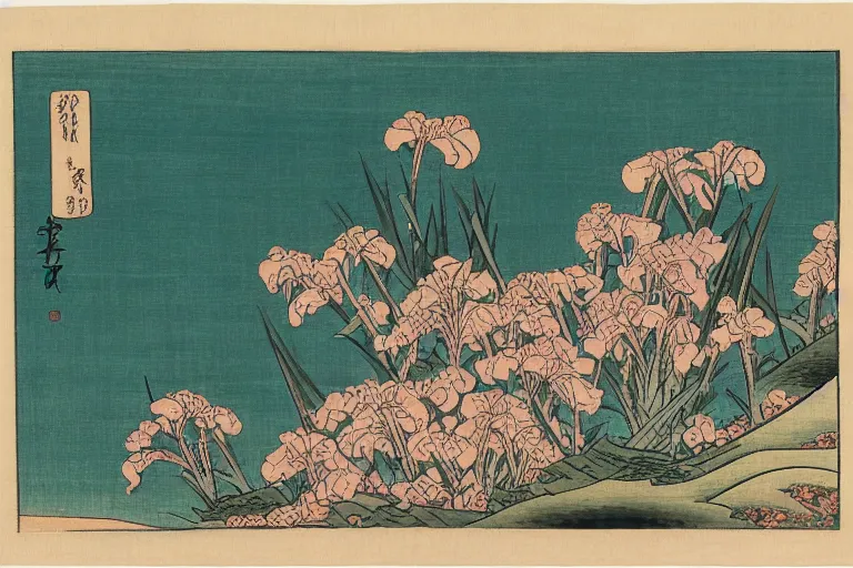 Prompt: a masterpiece ukiyo - e drawing of a scene with irises by katsushika hokusai, utagawa kuniyoshi and utagawa hiroshige, hyperdetailed, intricate, complex, closeup, 4 k