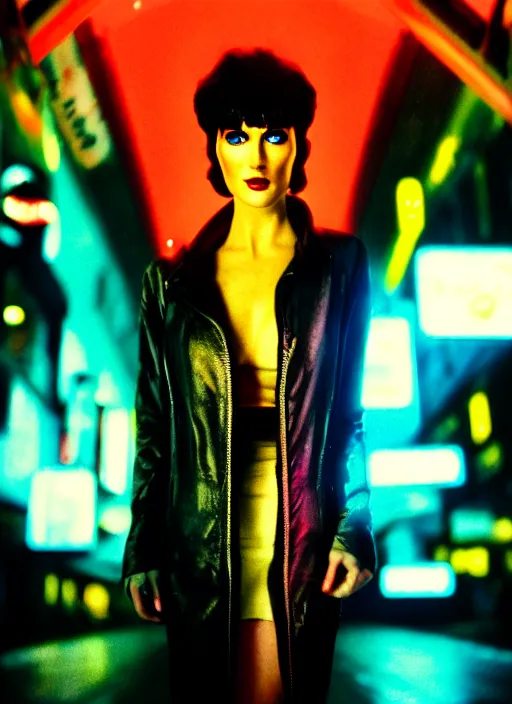 Image similar to A hyper realistic and detailed head portrait photography of a Rachael of Blade Runner on a futuristic street. by David Dubnitskiy. Neo noir style. Cinematic. neon lights glow in the background. Cinestill 800T film. Lens flare. Helios 44m