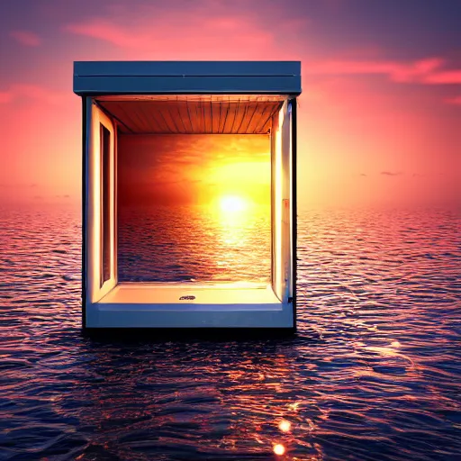 Image similar to a public bathroom stall floating in the middle of the ocean, sunset, beautiful, ultra realistic digital art, 4k, cgsociety, HDR, Intricate