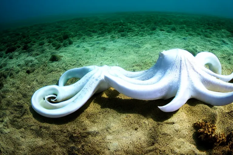 Prompt: underwater photography of a gigantic white octopus walking at the shore of the beach