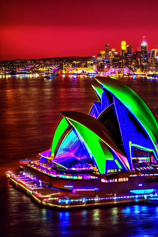 Prompt: neon streets of sydney opera, 4 k, award winning photo, cyberpunk style