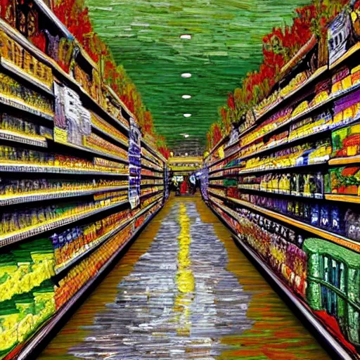 Image similar to supermarket aisle in the style of van gogh