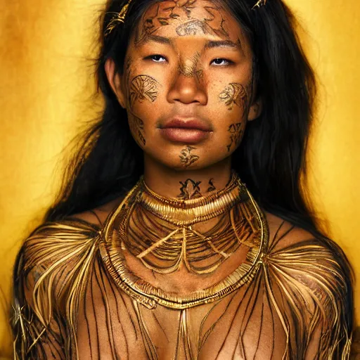 Image similar to A perfect pacific islander female goddess stands for a waist up portrait with her body sightly wrapped in thin gold wire creatively arranged so as to look like Borneo tattoos, in an abandoned barn, hyper photo realistic 8K HD HDRI, photo by Annie Leibovitz.