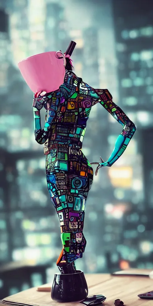 Image similar to stylish mug, filled with steaming hot coffee, standing on a table. cyberpunk style. colorful.