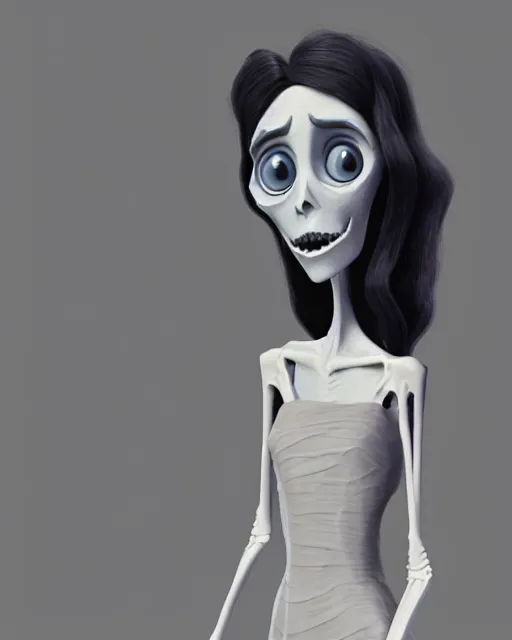 Prompt: millie bobbin brown in the art style of corpse bride, pixar, unreal engine render, soft radiant highlight, detailed background, digital art