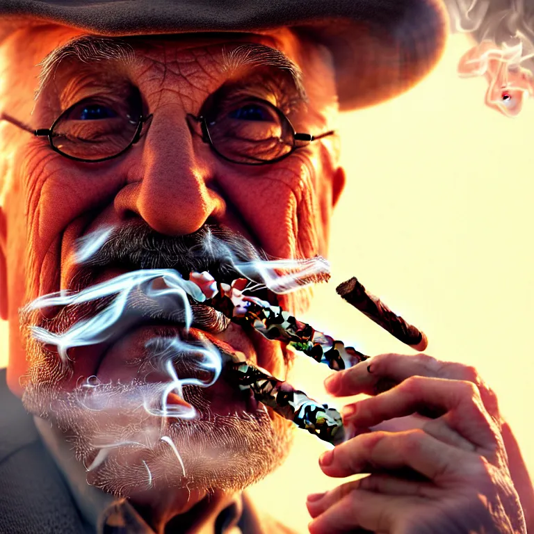 Prompt: a detailed portrait of an old man, smoking a lit perfectly symmetrical cuban cigar, cinematic photography, smoke rising like clouds, beautifully symmetrical, super resolution, cgi, trending on art station, volumetric lighting & shadows, hyper detailed, 8 k, unreal engine, canon 2 0 0 mm,