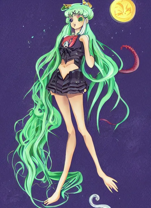 Prompt: Cthulhu as a Sailor moon main character, Concept Art, Anime illustration, very detailed