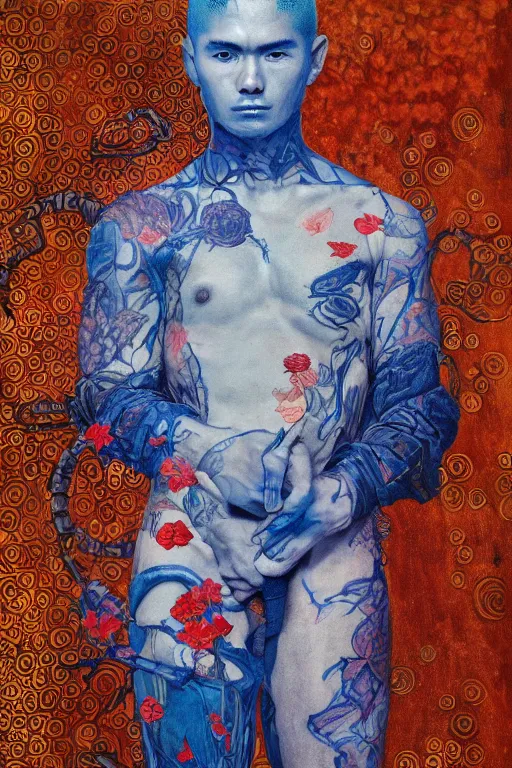 Image similar to portrait of beautiful young man, warhammer, japanic style, cyberpunk, a lot of scars, more and more flowers, blue head, sun side, some red water, the middle ages, highly detailed, artstation, illustration, art by gustav klimt, 8 k quality