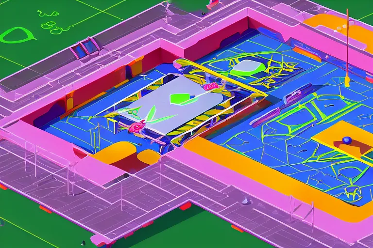 Prompt: isometric view of a futuristic high - tech sky arena inspired by modern skate parks and modern chinese playgrounds in the style of splatoon, day