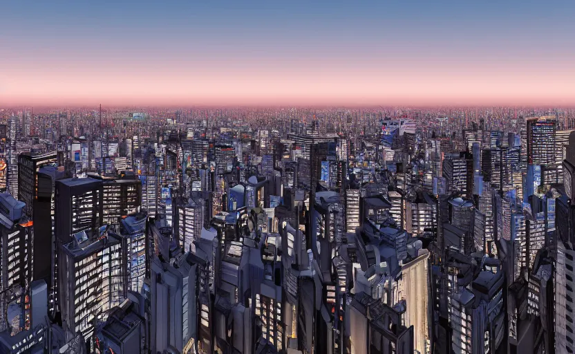 Image similar to unreal engine render of tokyo city from a rooftop view, sunset lighting, hyper realism, realistic shading, cinematic composition, blender render, octane render, hdr, detailed textures, photorealistic, ultrawide shot, 1 6 mm lens