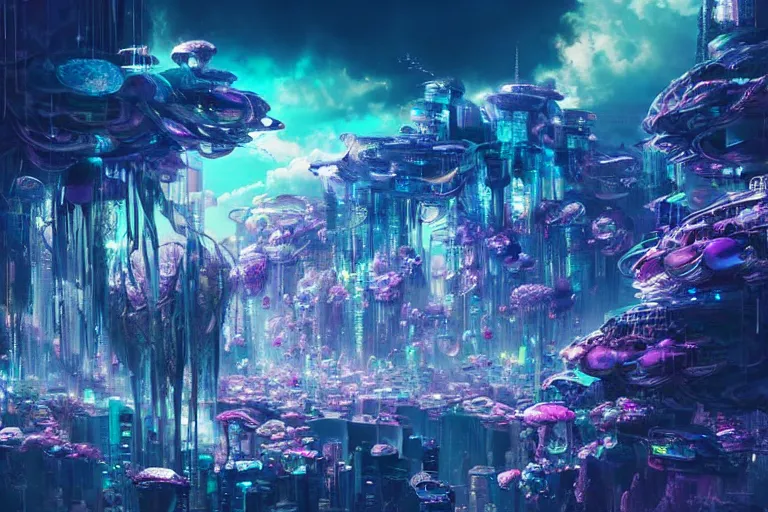 Image similar to simplicity, a huge flock of many ornate iridescent puffy filigreed clouds tangled into large whirling ultra detailed crystal specimens, cyberpunk environment, playful, award winning art, epic dreamlike fantasy landscape, ultra realistic,