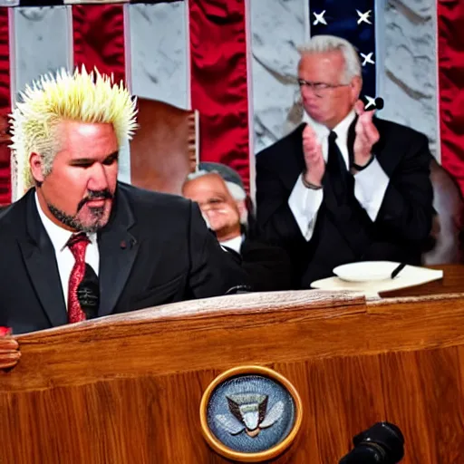 Image similar to President Guy Fieri giving State of the Union Address, symmetrical face!!, cinematic lighting, award winning photo, press photo, kodak 2383 film